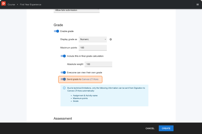 Digication submission grading view showing a student submission ready to review and grade, with grades that can sync to a connected LMS