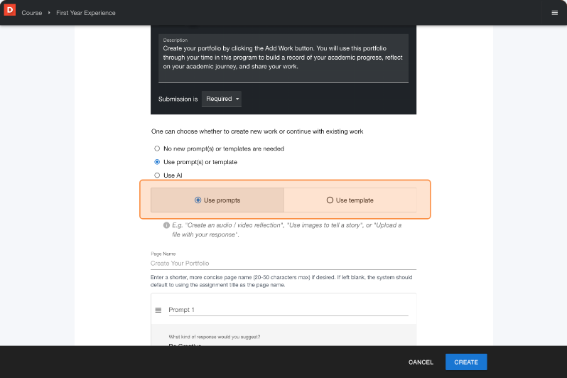 Assignment creation screen showing Use template and Use prompt options below the title and description