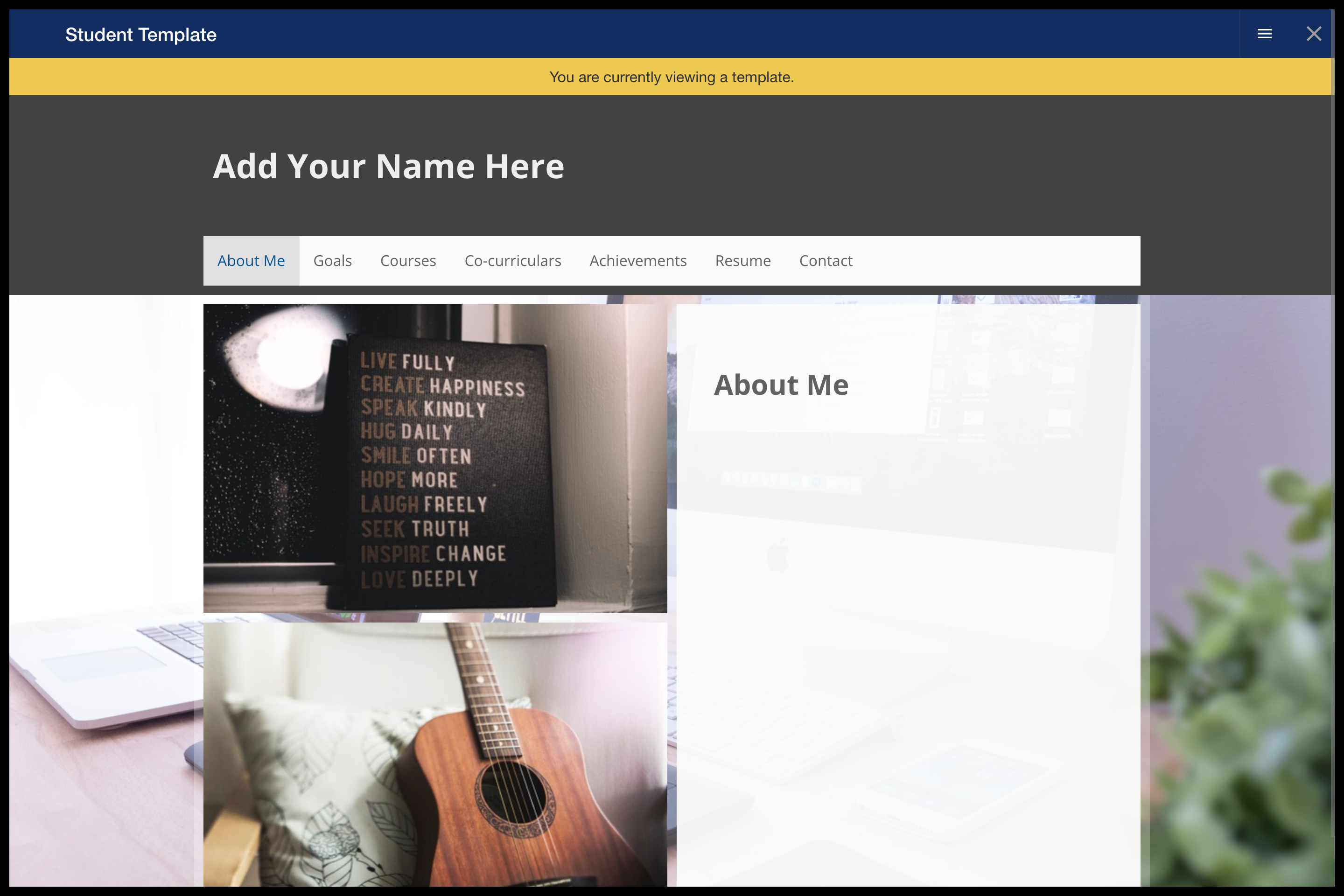 Template preview showing pre-built pages and sections that students will see when they open the assignment