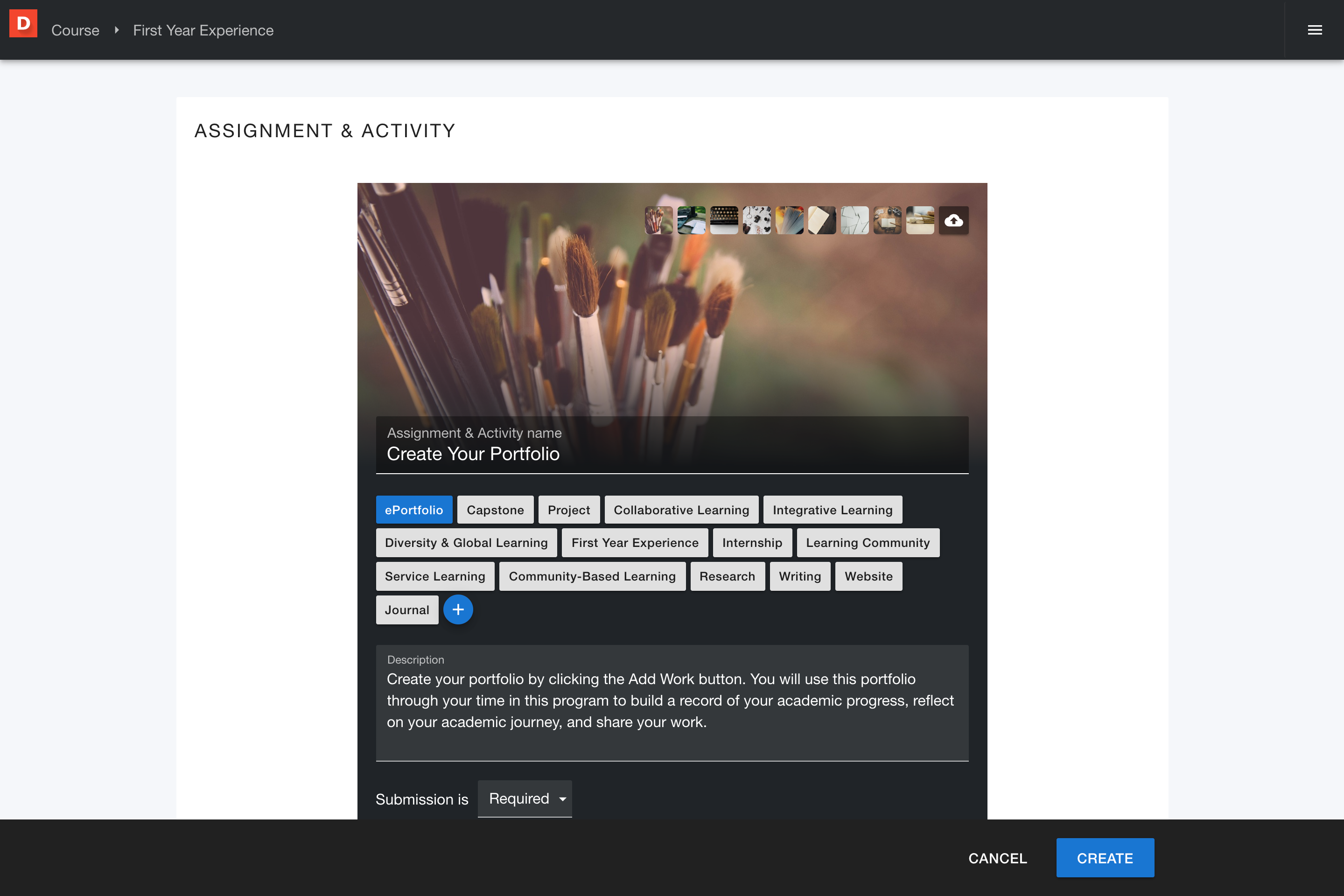 New assignment creation screen showing title and description fields
