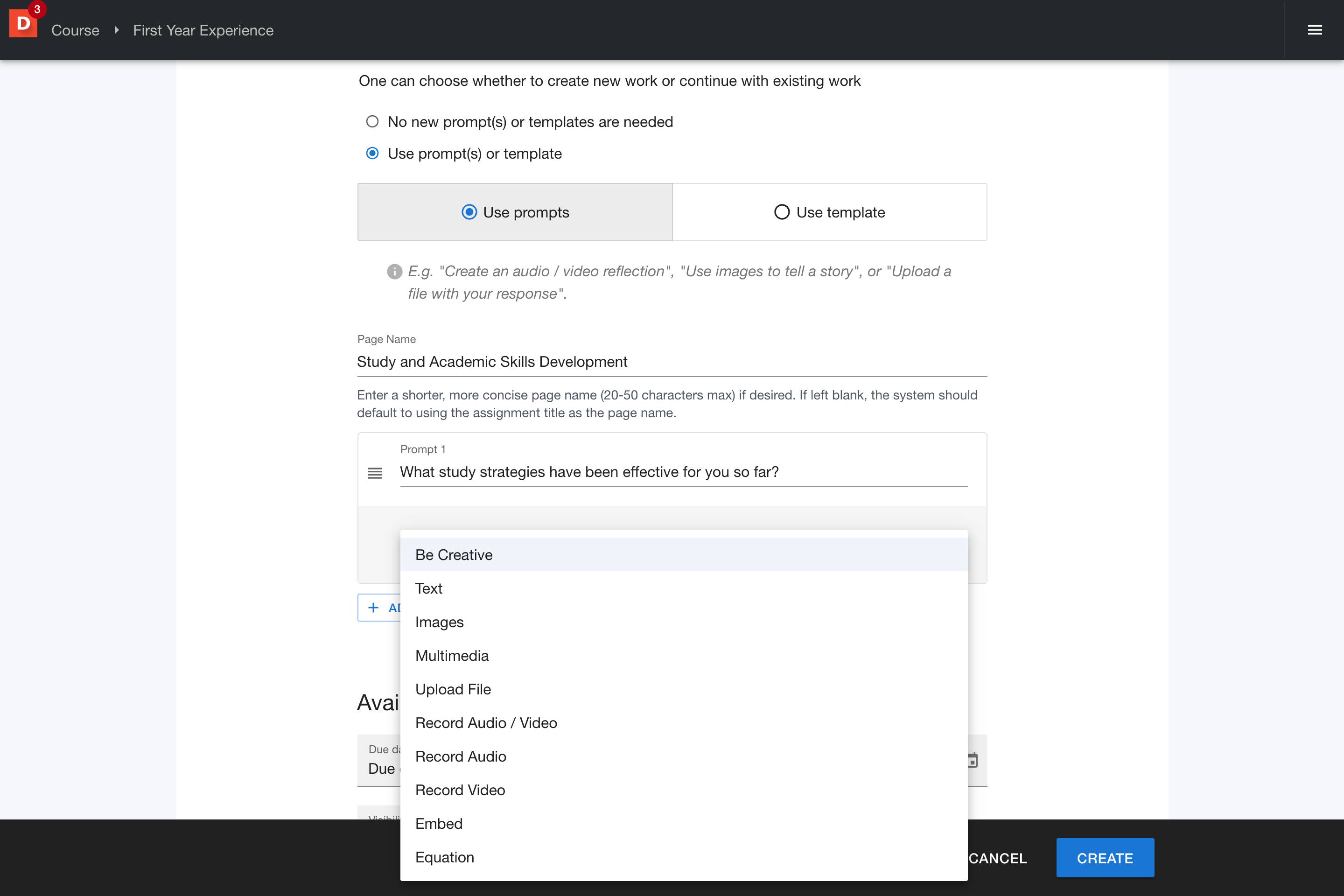 Assignment creation screen with the prompt option selected and a text field for writing assignment instructions