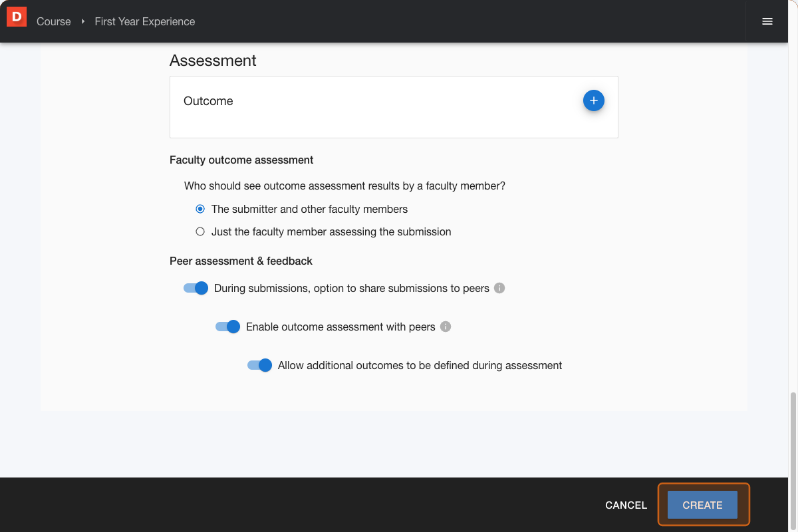 Assignment creation screen with the Create button visible and highlighted