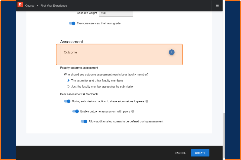 Assessment section with the plus button highlighted for attaching outcomes and rubrics