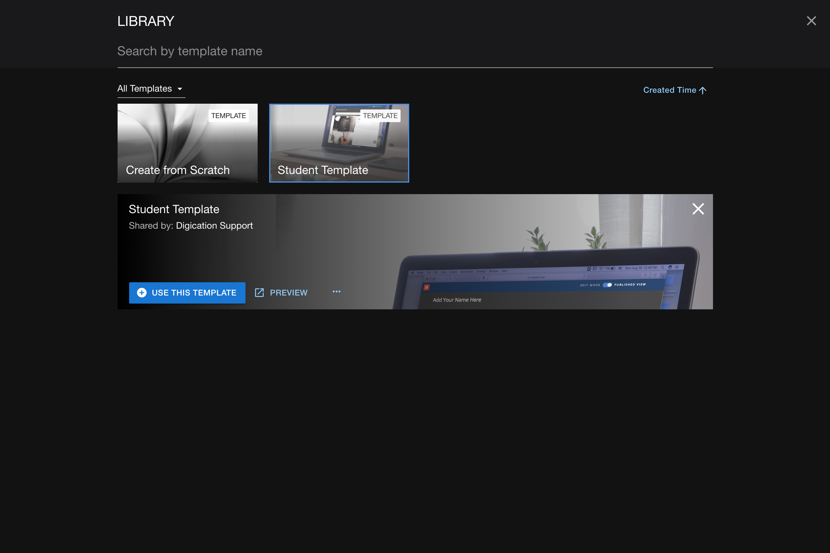 Template browser showing instructor-created, system-shared, and general-purpose templates