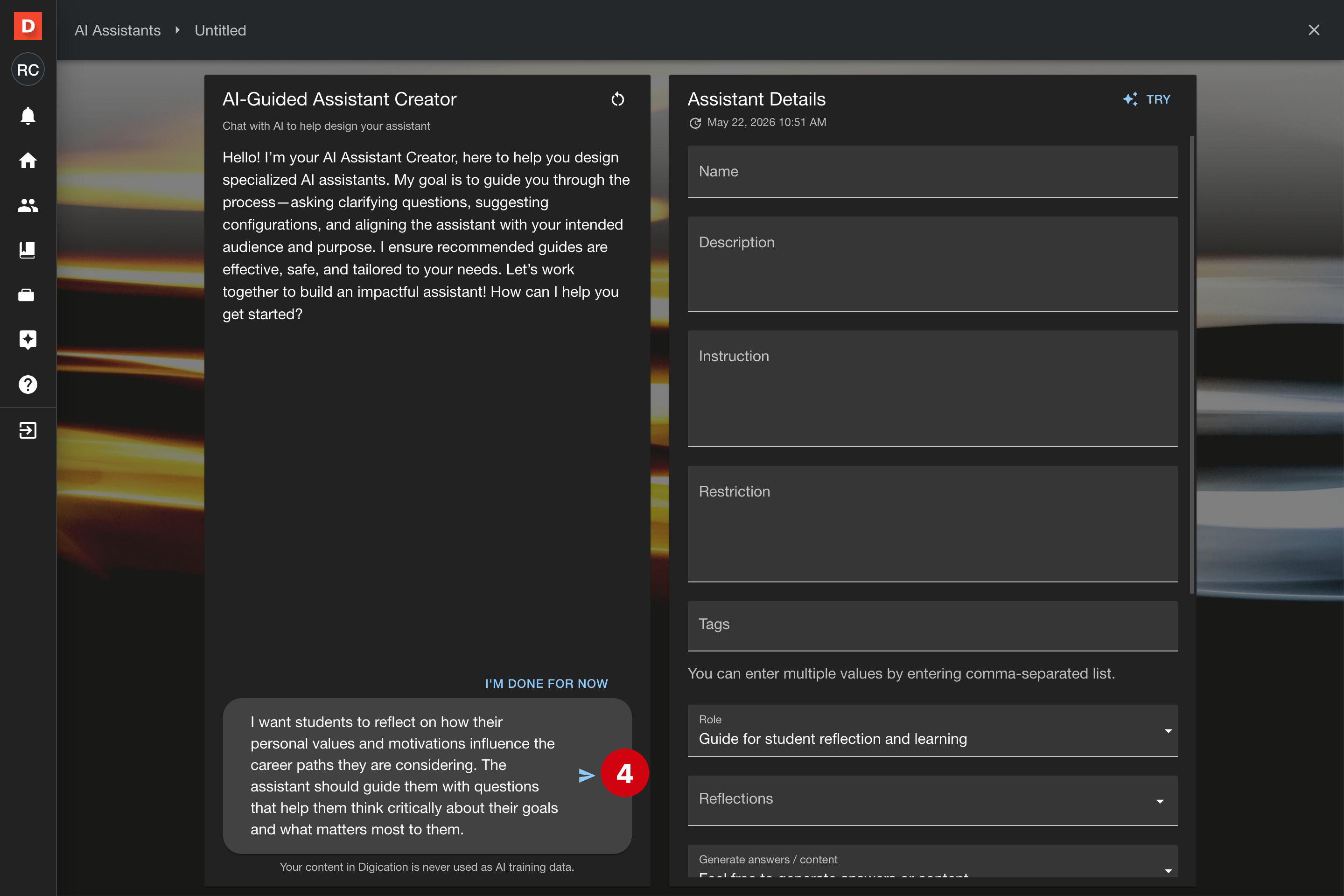 Description typed in the message field with the Send button highlighted