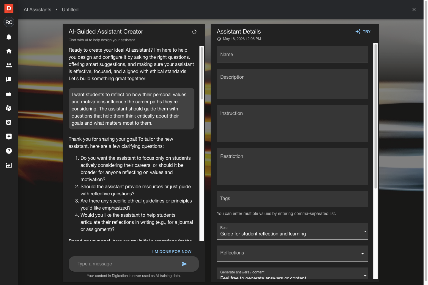 Conversation with the AI-Guided Assistant Creator showing follow-up questions