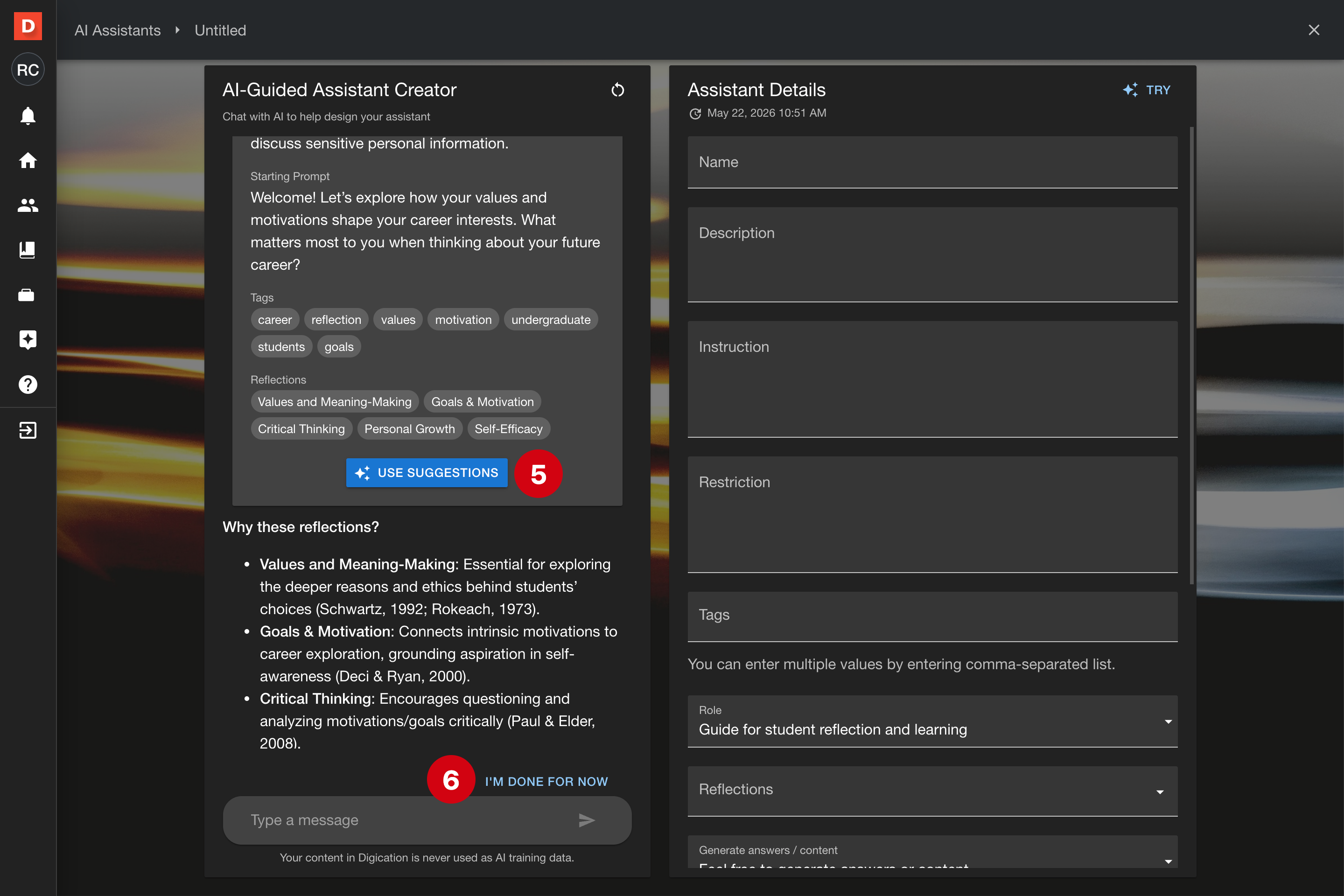 USE SUGGESTIONS and I'M DONE FOR NOW buttons highlighted in the AI-Guided Assistant Creator