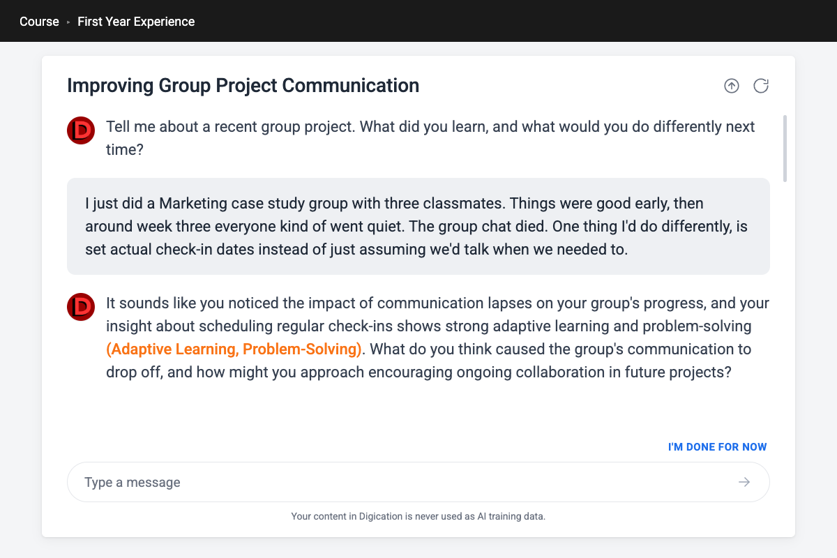 The Digication AI reflection assistant in a course called First Year Experience, asking a student about a recent group project, with the student's reply and the assistant's follow-up question noting adaptive learning and problem-solving