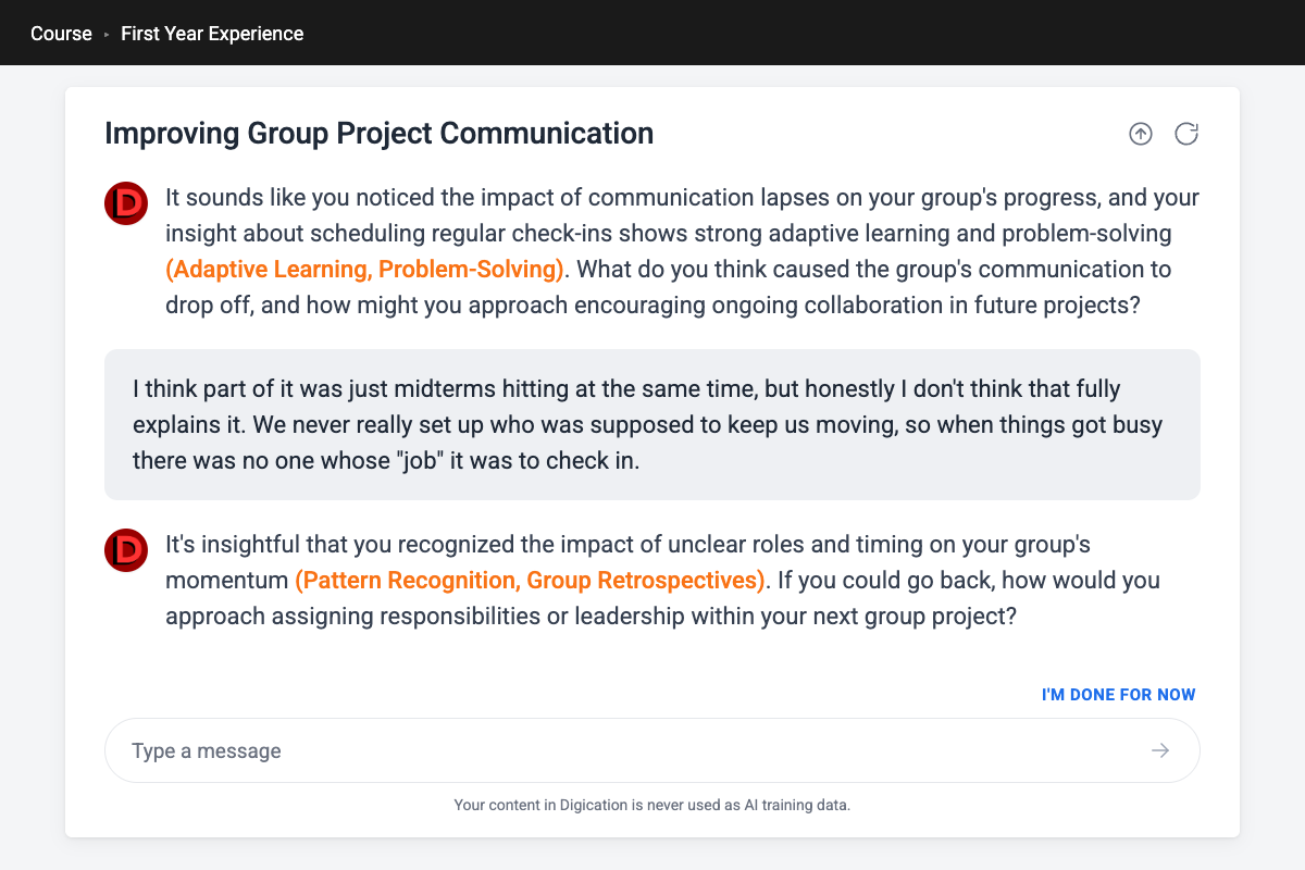 A continued conversation in the AI reflection assistant, where the student reflects on accountability and roles and the assistant asks a follow-up question noting pattern recognition and group retrospectives