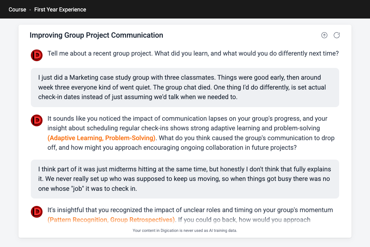 The faculty view of a full reflection conversation, showing the complete back-and-forth between the student and the assistant
