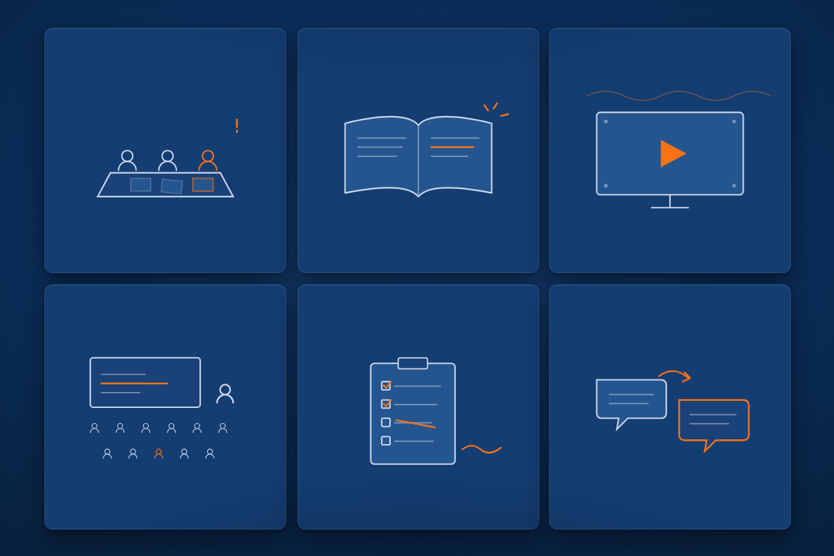 A grid of six experiences worth reflecting on: a group project, a reading, a documentary, a lecture, a checklist, and a conversation