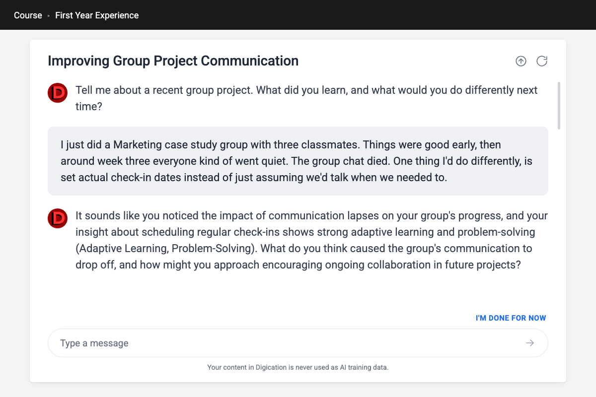 The Digication AI reflection assistant in a course called First Year Experience, asking a student to describe a recent group project and what they would do differently, with the student's reply about a marketing case study and the assistant's follow-up question