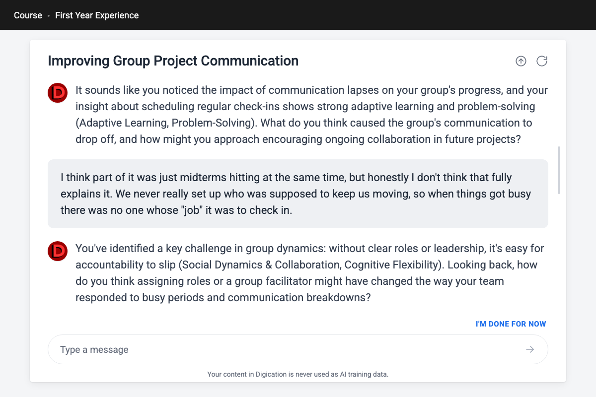 A continued conversation in the AI reflection assistant, where the student reflects on accountability and the assistant asks a follow-up question about roles and leadership