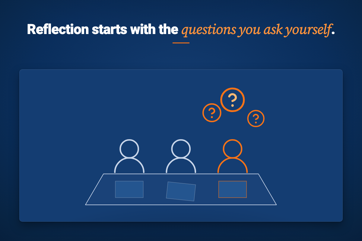 A graphic titled Reflection starts with the questions you ask yourself, showing three figures at a table with one highlighted and question marks rising above them