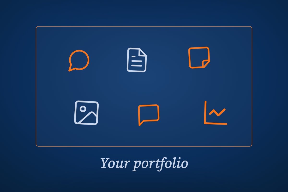 A framed grid of icons titled Your portfolio, including a document, a note, an image, a chart, and conversation bubbles