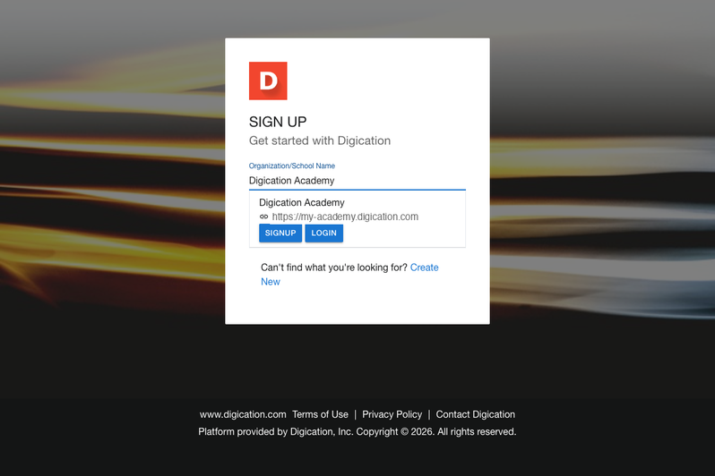 Search results showing a matching organization with options to join the existing system or create a new one