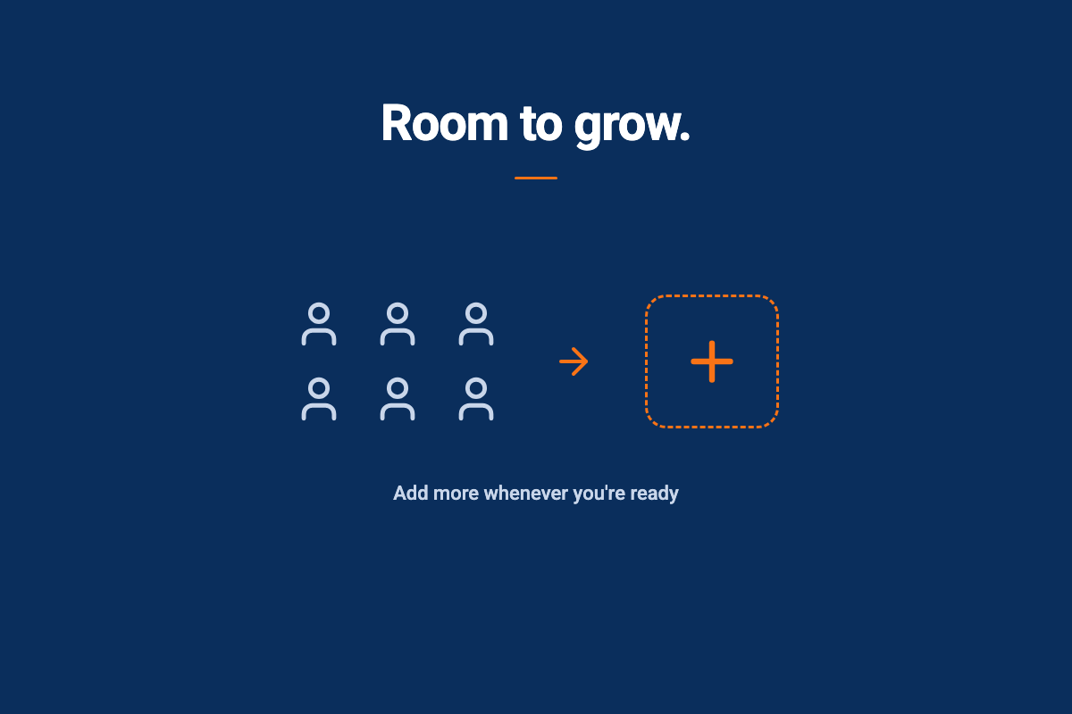 A group of user icons beside a plus symbol labeled add more whenever you’re ready, showing flexible scale