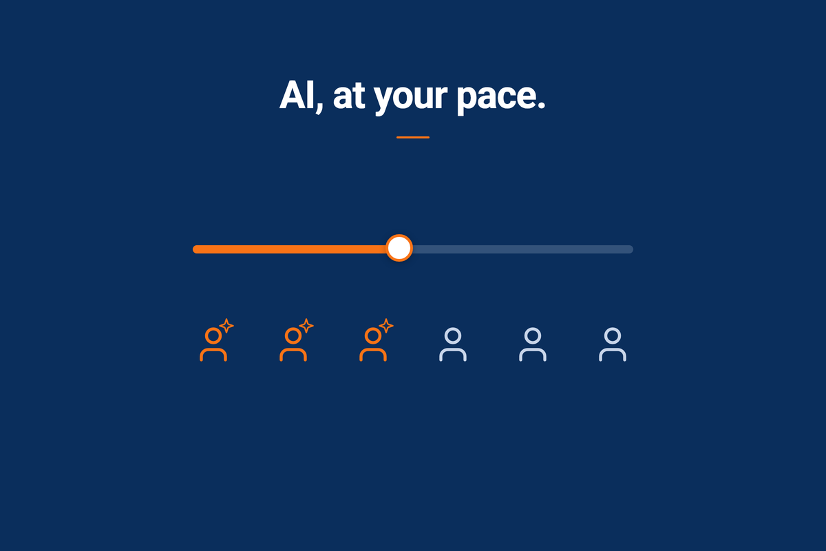 A rollout slider above a row of faculty icons, some enabled with a reflection-assistant spark, showing AI enabled at the administrator’s pace