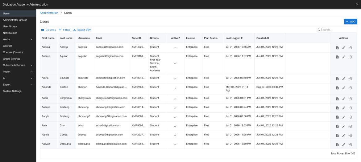 Users list with the column headers, the Columns, Filters, Export CSV and Search controls, and the Add control