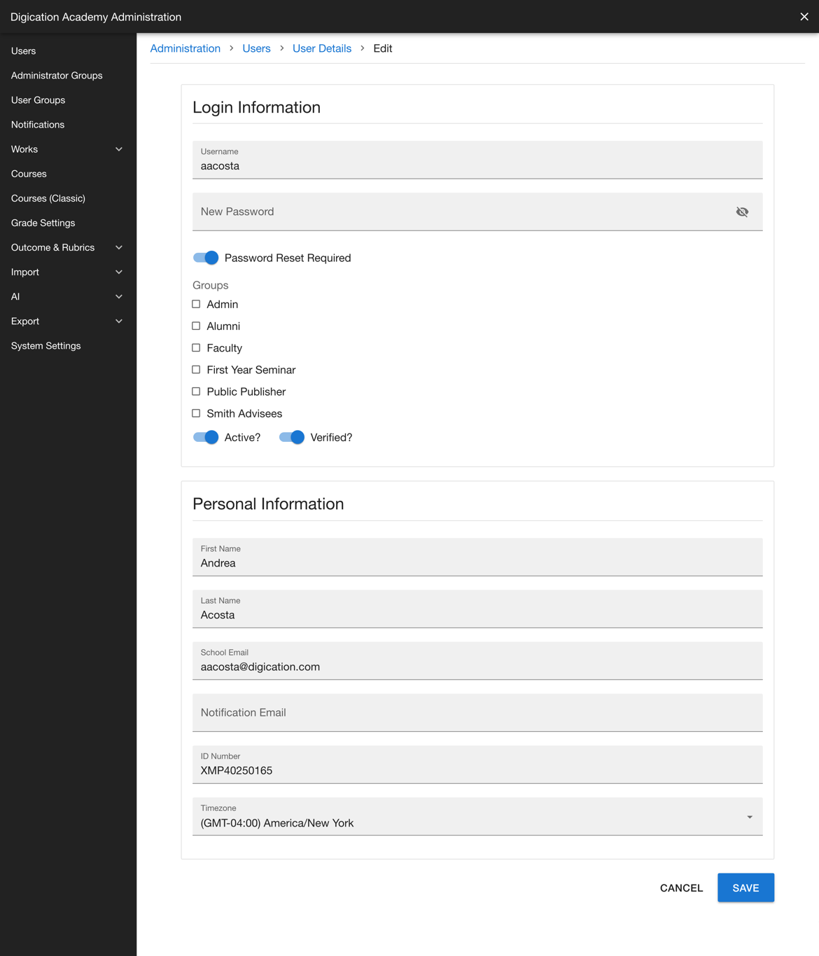 User Details edit view with the Login Information section above the Personal Information section