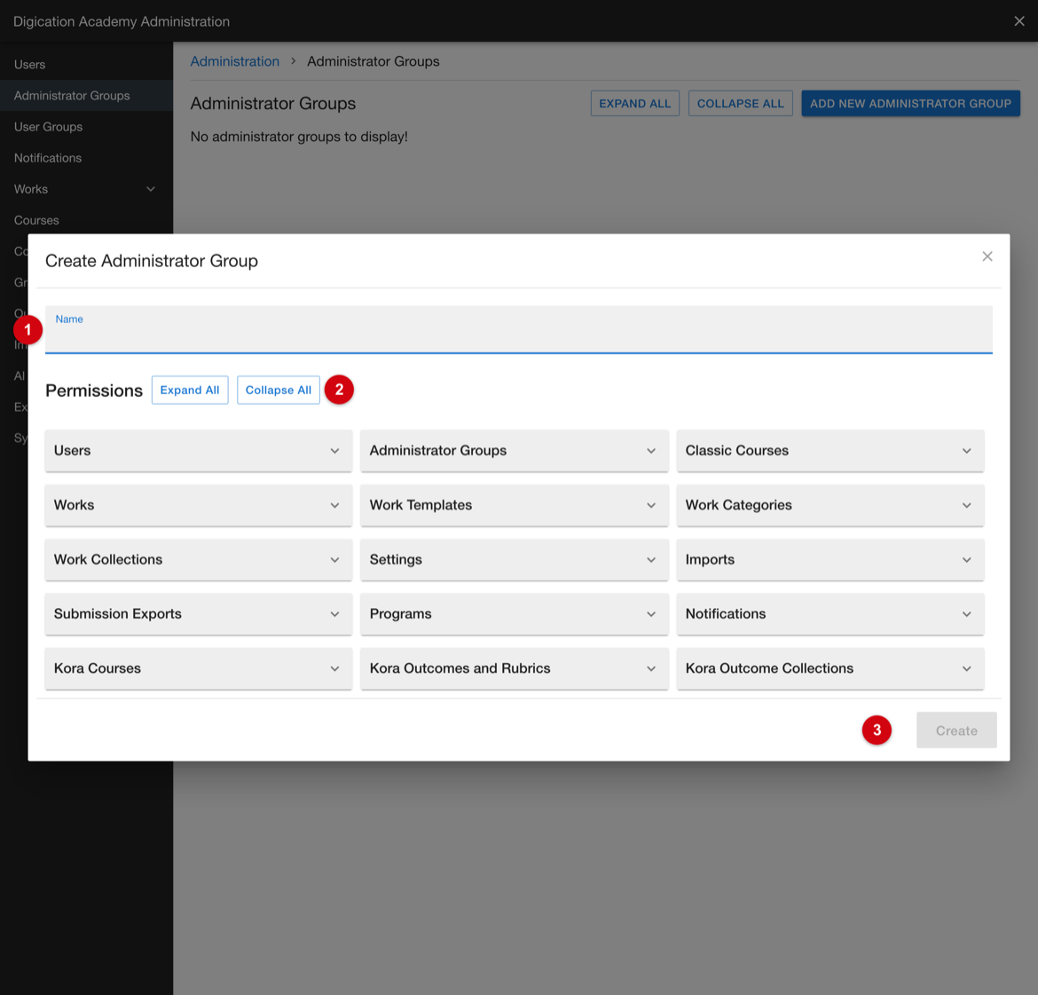 Create Administrator Group panel with the Name field, the Expand All and Collapse All controls, and the Create button