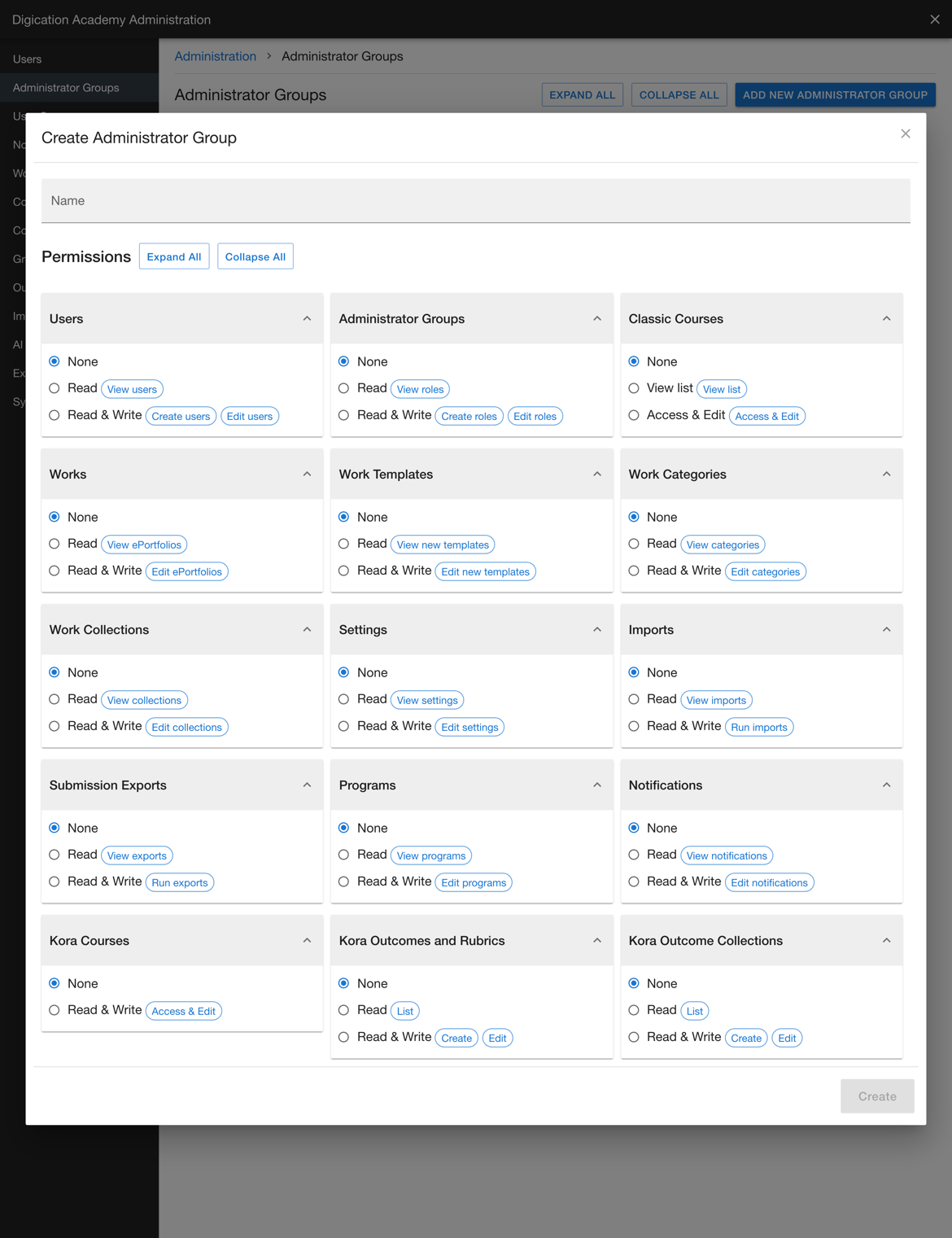 Expanded permission cards showing the None, Read, and Read and Write options with their action labels