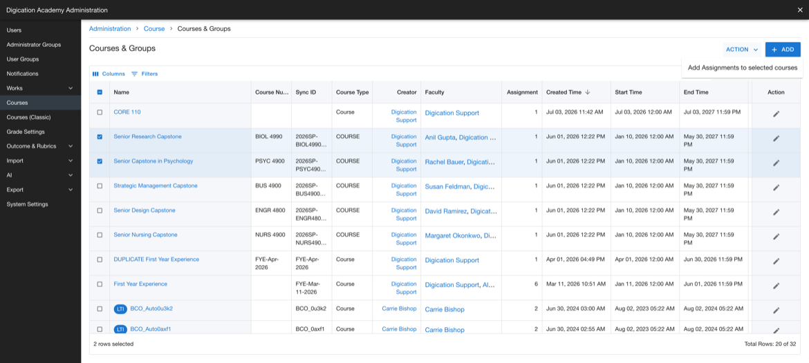 Course list with two rows selected and the Action menu open showing Add Assignments to selected courses