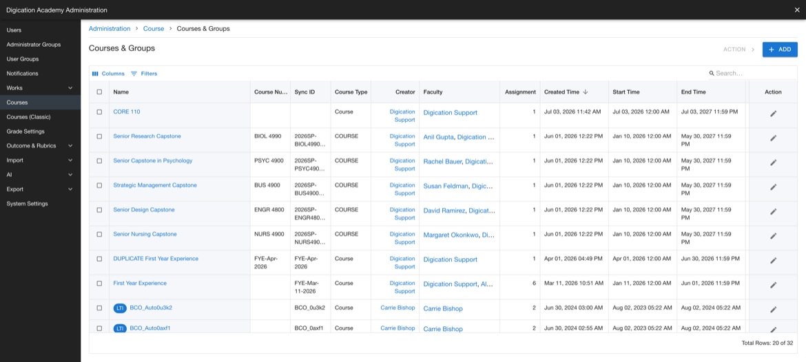Courses and Groups page with the course list, the Columns and Filters controls, and the Add control