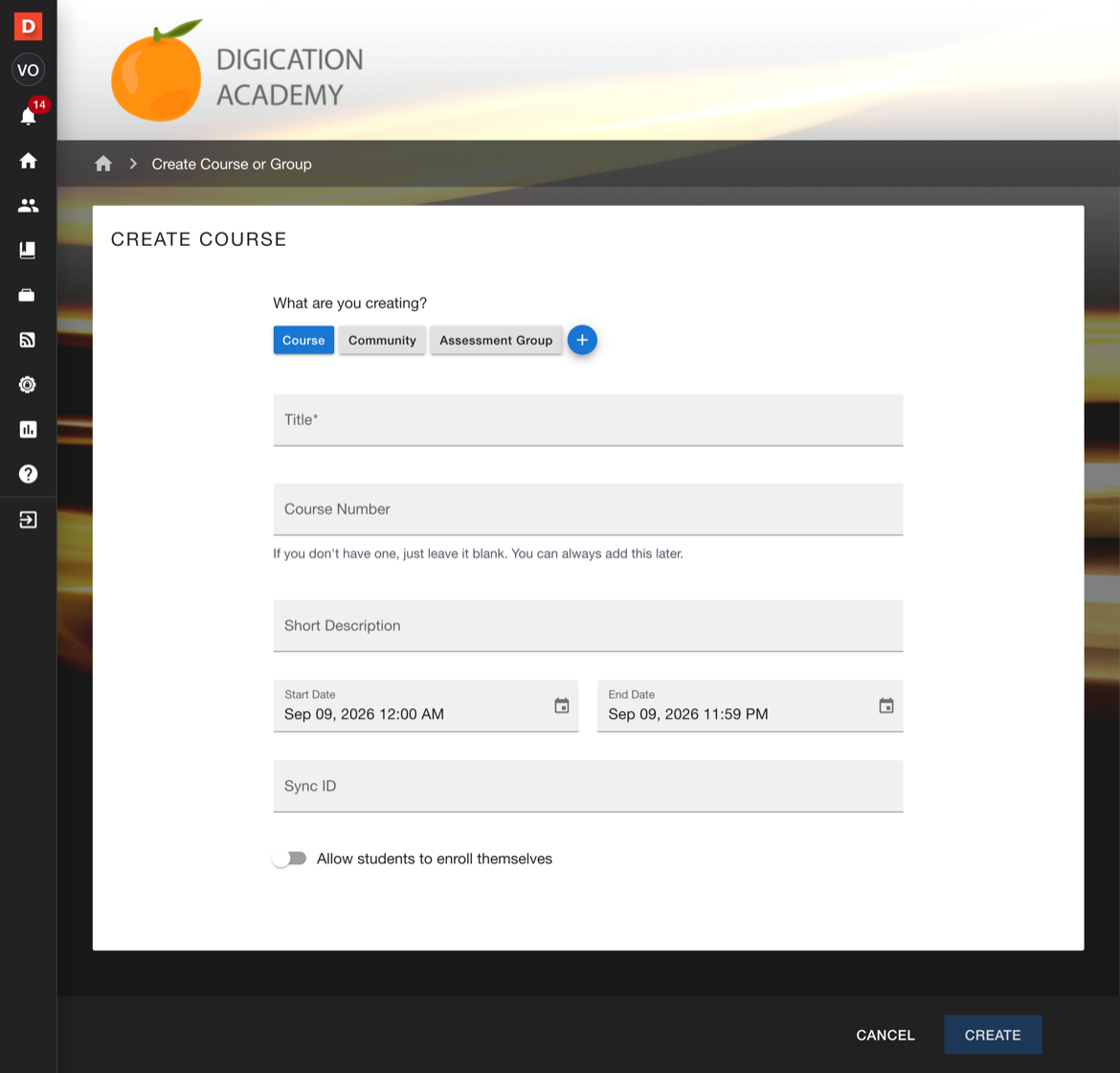 Create Course page with the Title, Course Number, Short Description, date and Sync ID fields