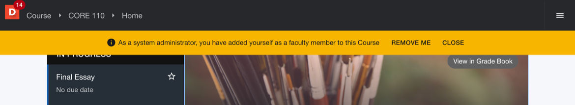 Course home page showing the Remove Me control for a course you added yourself to