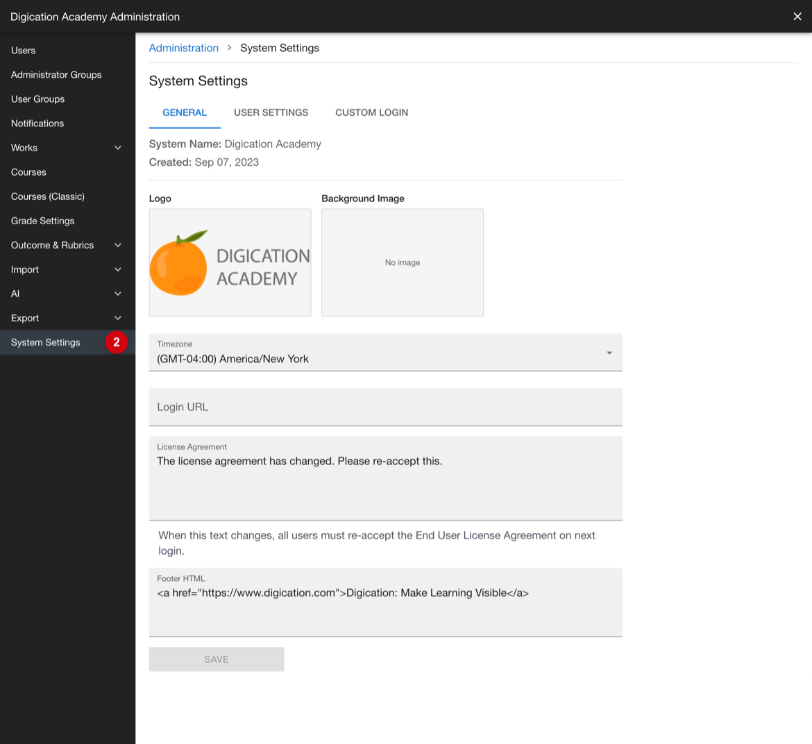 Administration sidebar with System Settings selected