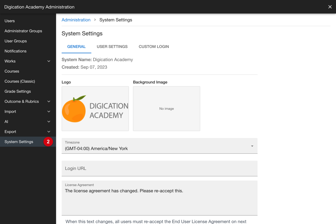Administration sidebar with System Settings selected