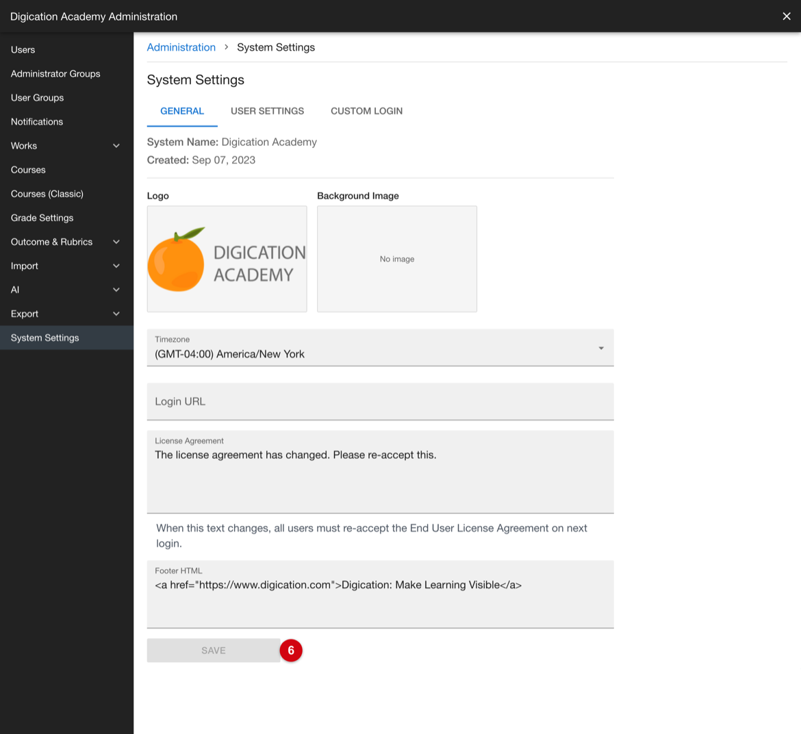 System Settings showing the Save control