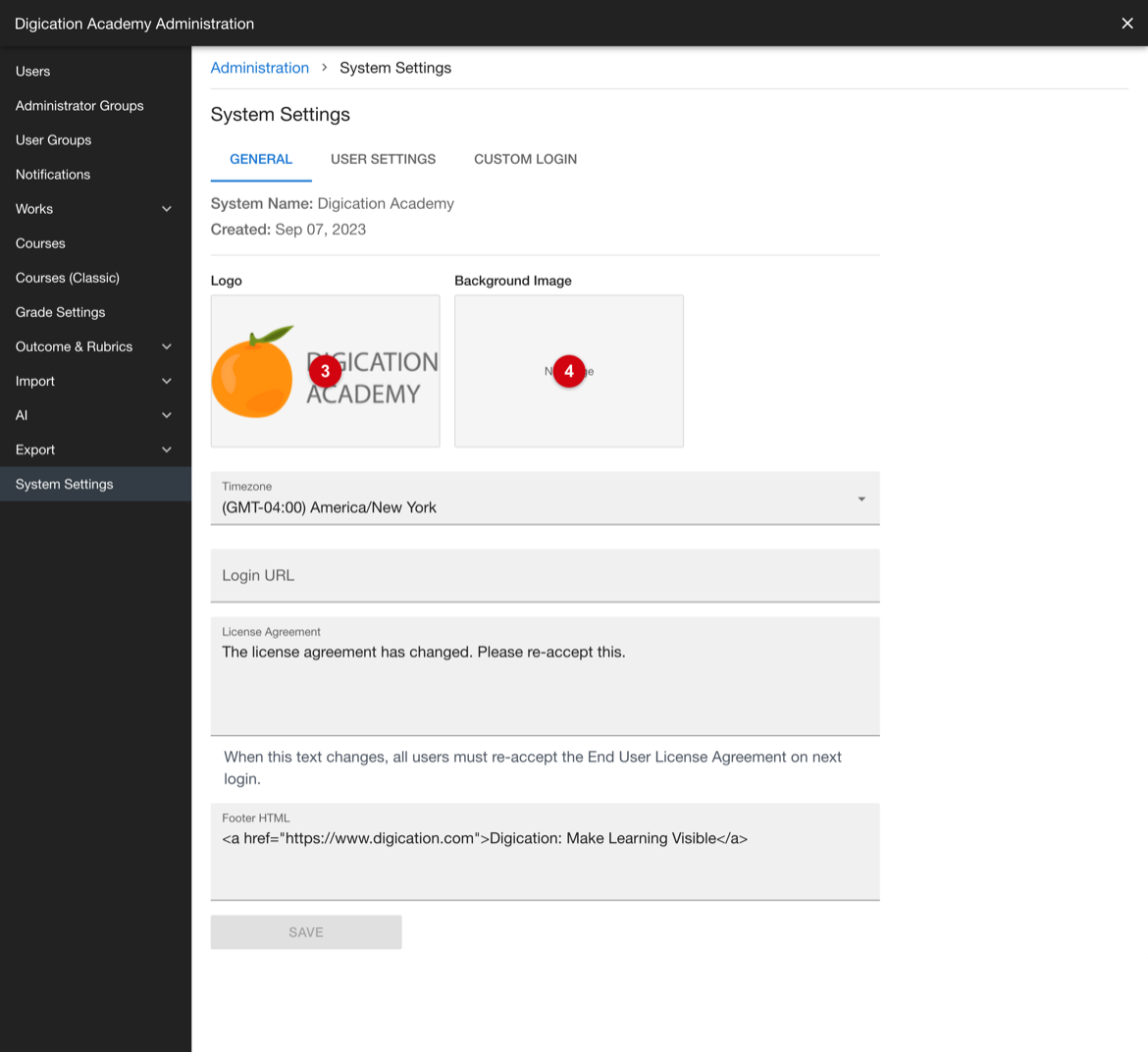System Settings showing the Logo and Background Image areas