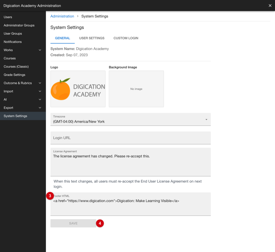 System Settings showing the Footer HTML field and the Save control