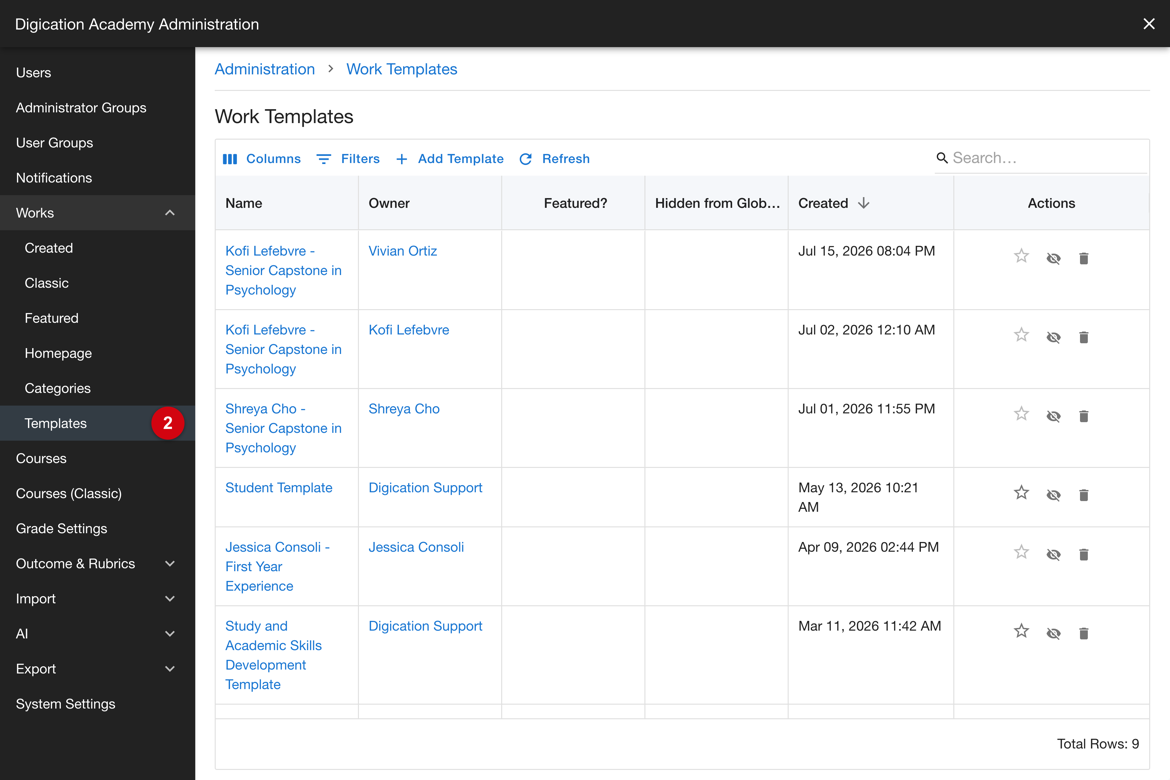 Work Templates list reached from Works, Templates in the sidebar