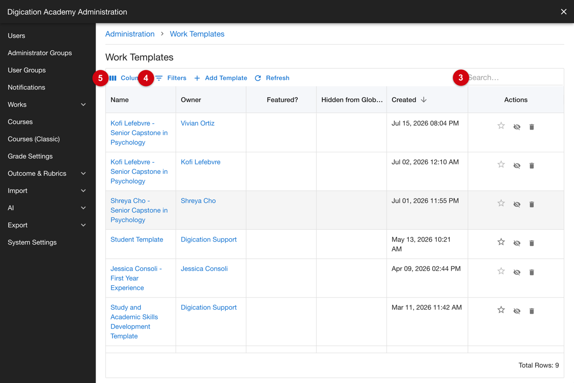 Work Templates list showing the search, Show filters, and Select columns controls