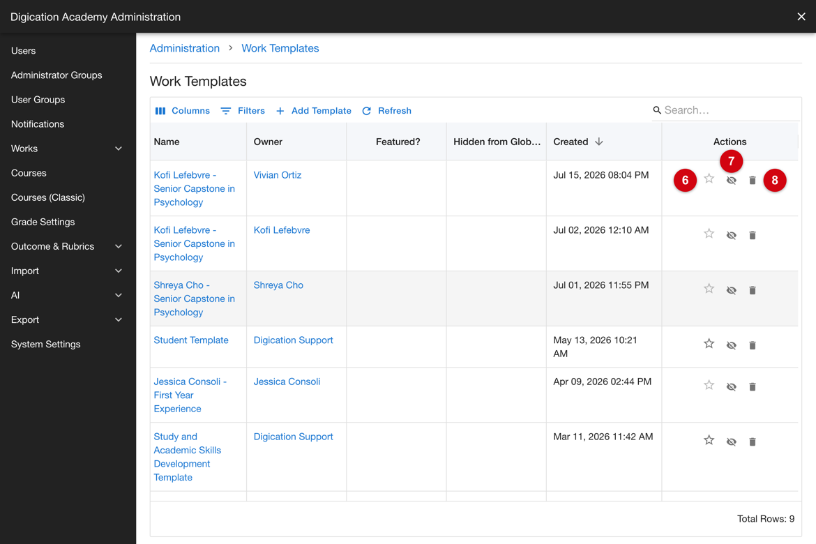 Work Templates row actions for marking featured, hiding from global, and removing a template