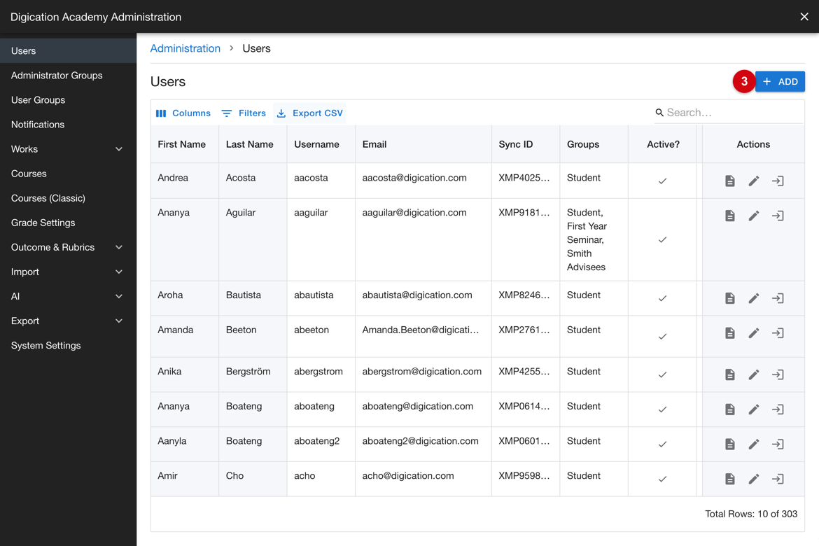 Users list with the Add control