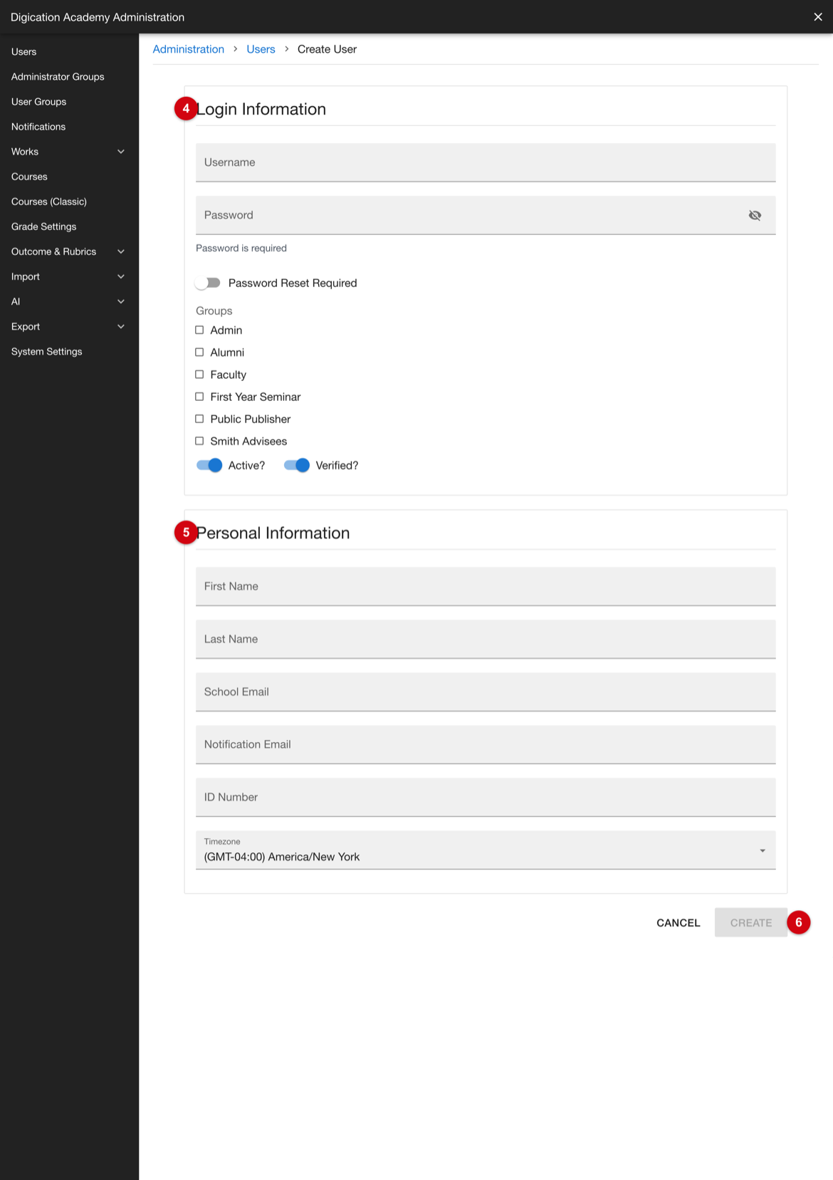 Add user form showing the Login Information and Personal Information sections and the Create control