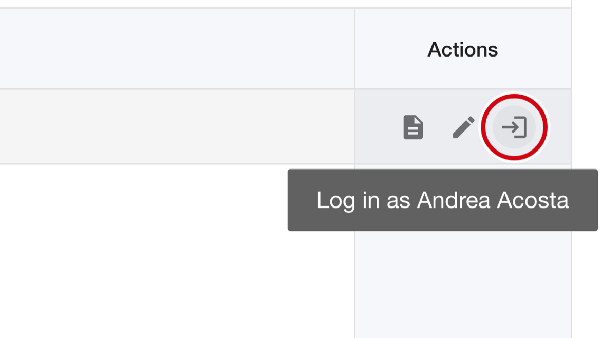 Actions column of the user list with the View user, Edit user and Log in as icons; the Log in as icon is circled and its 