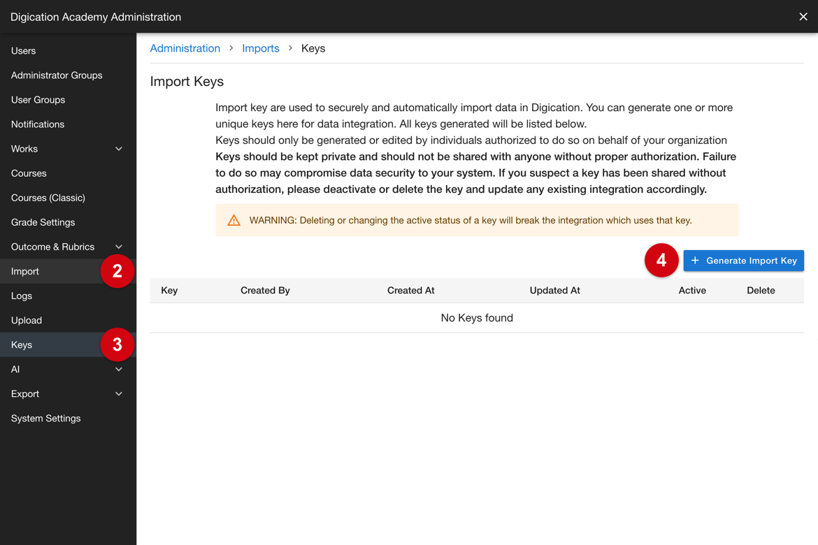 Administration sidebar with Import expanded and Keys selected, and the Import Keys page with the Generate Import Key control