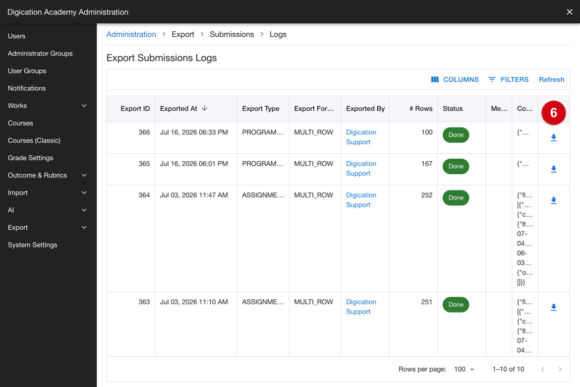 Export Submissions Logs page listing completed exports with a download control on each row