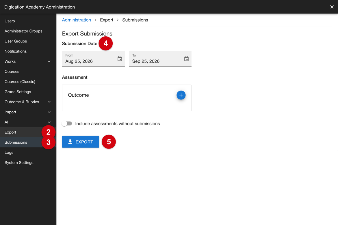 Export Submissions page with the Export group and Submissions selected in the sidebar, the Submission Date range, and the EXPORT control