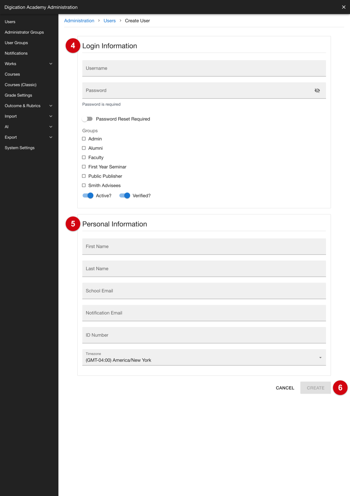 Add user form showing the Login Information and Personal Information sections and the Create control