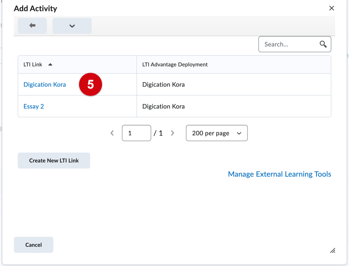 Add Activity window listing the Digication LTI link