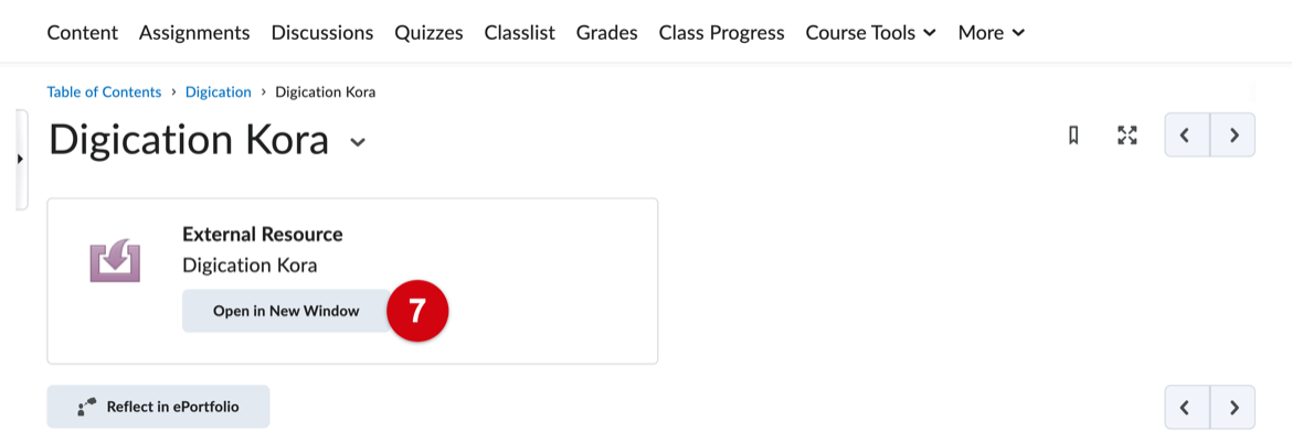 Digication topic page in Brightspace with the Open in New Window button