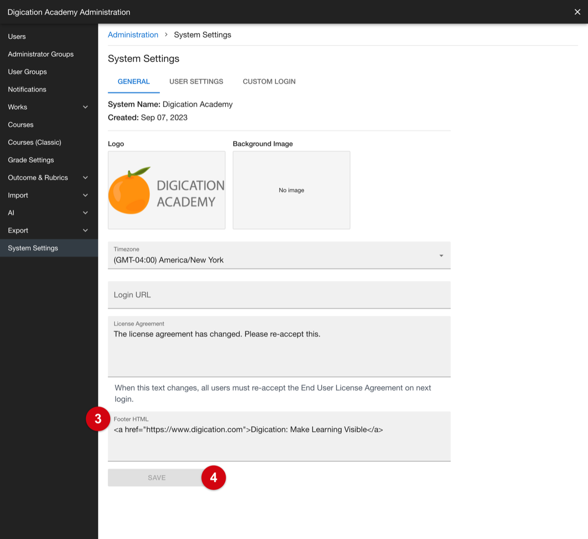 System Settings showing the Footer HTML field and the Save control