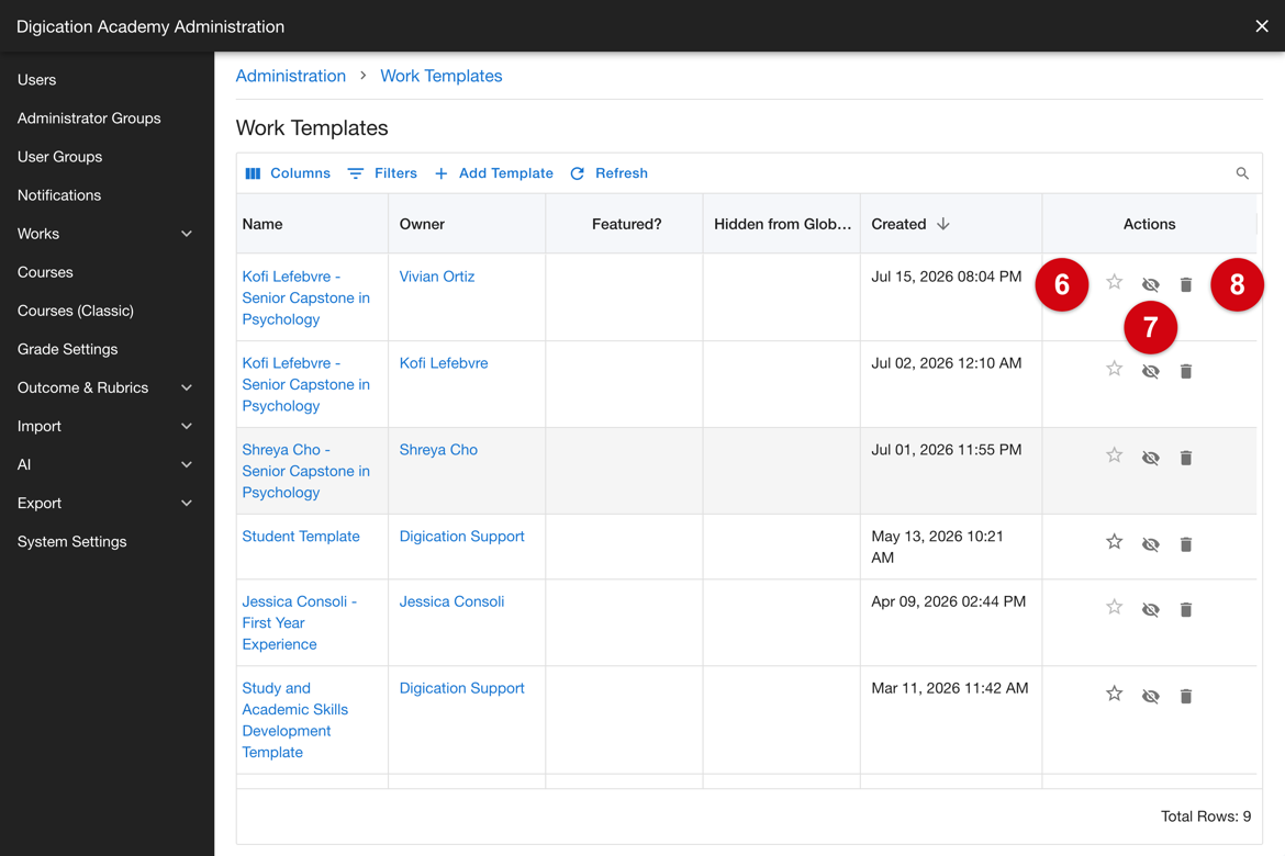 Work Templates row actions for marking featured, hiding from global, and removing a template