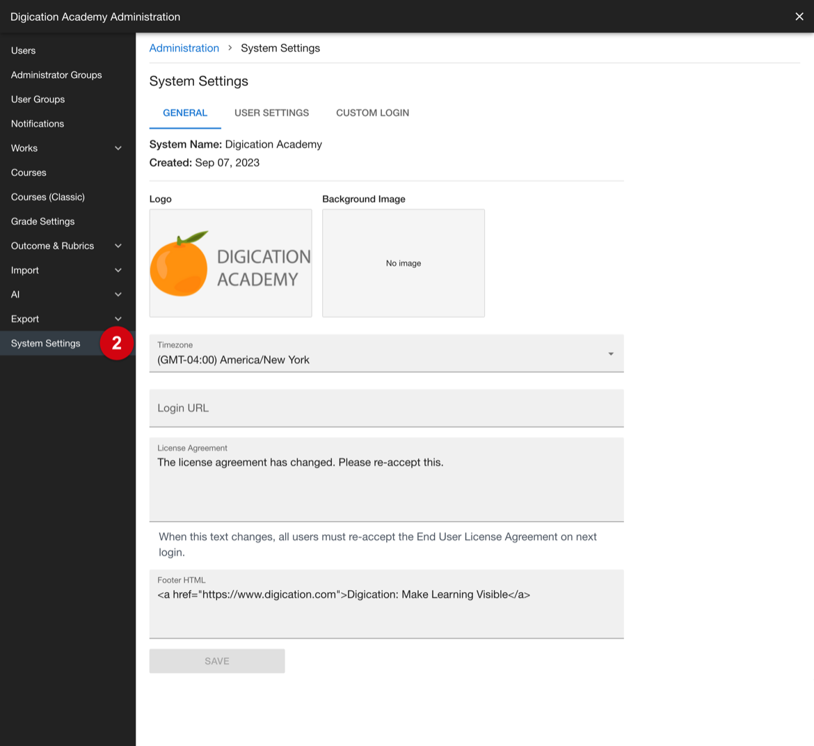 Administration sidebar with System Settings selected